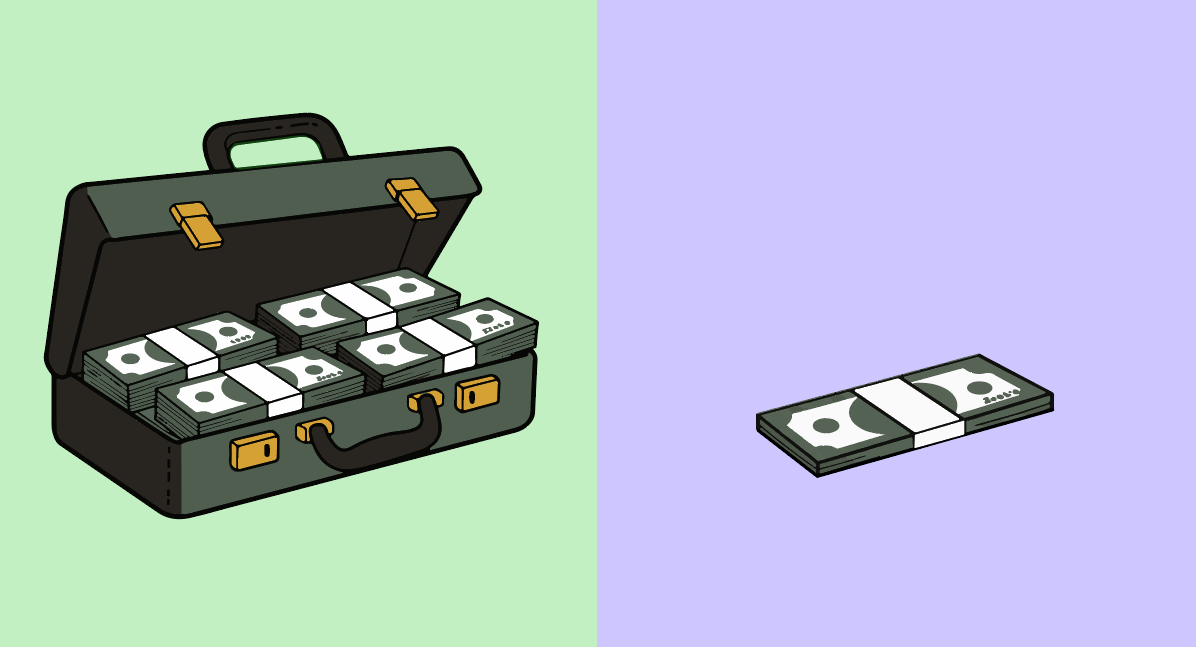 Briefcase full of cash on the left, single stack of bills on the right, with green and purple backgrounds.