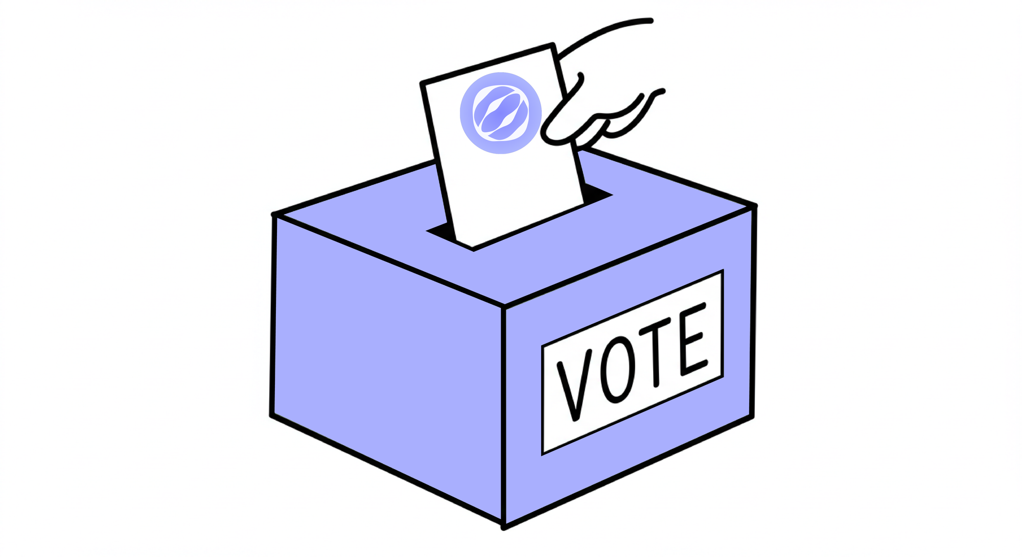 Hand placing a voting ballot into a purple ballot box labeled 'VOTE.