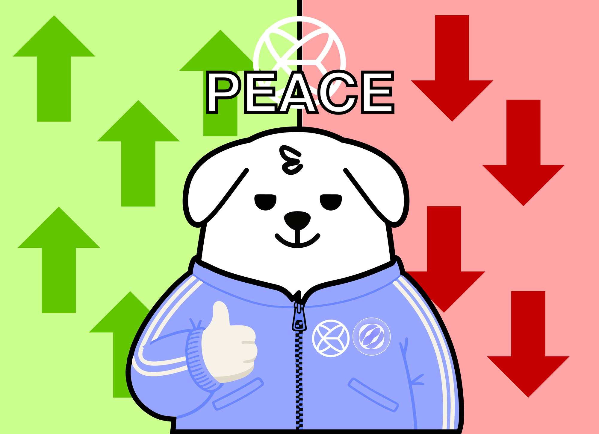 Neutral dog in a blue jacket gives a thumbs-up, standing between rising green arrows and falling red arrows, symbolizing balance