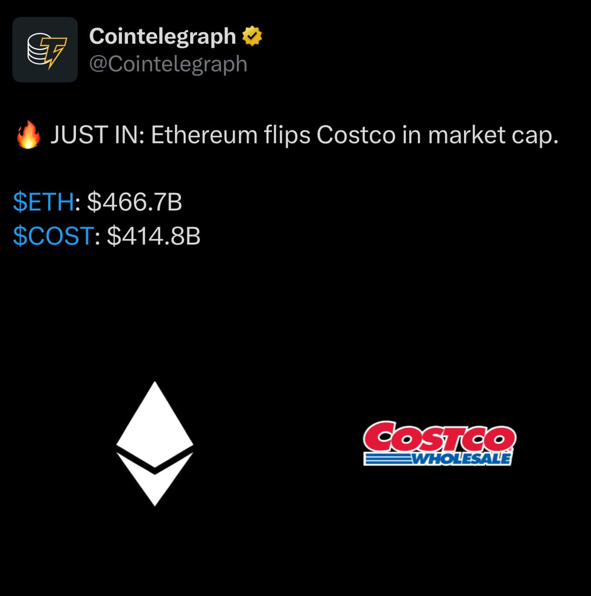 Ethereum’s Price Surpasses $3,900, Flips Costco in Market Cap