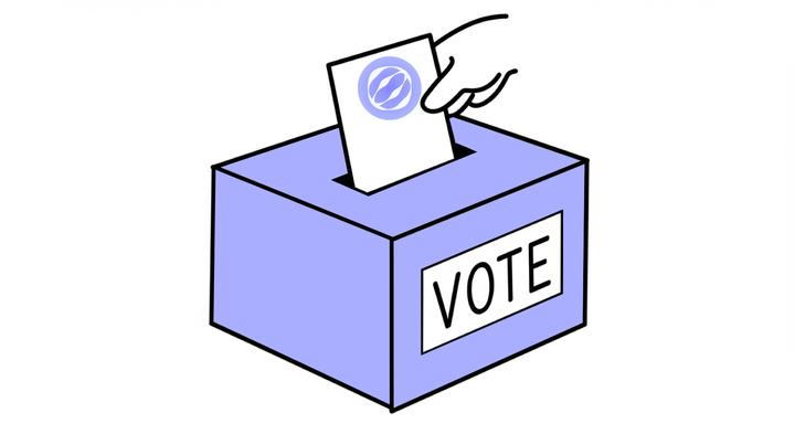 Hand placing a voting ballot into a purple ballot box labeled 'VOTE.