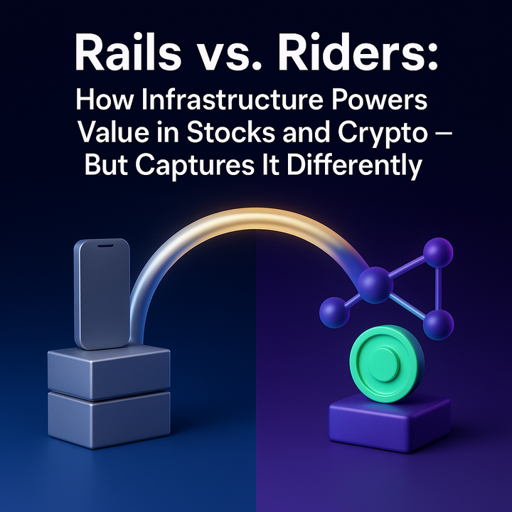 Rails vs. Riders: How Infrastructure Powers Value in Stocks and Crypto — But Captures It Differently